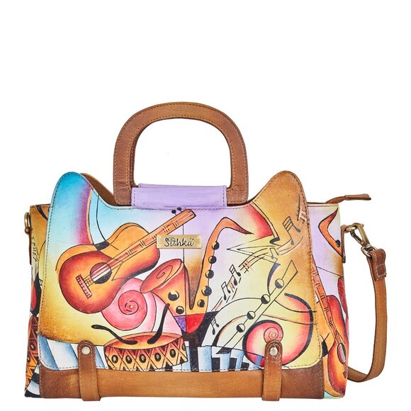 Brown Hand Painted Leather satchel bag, Crossbody Sling Bag, Top Handle Handbag - Picture 1 of 9